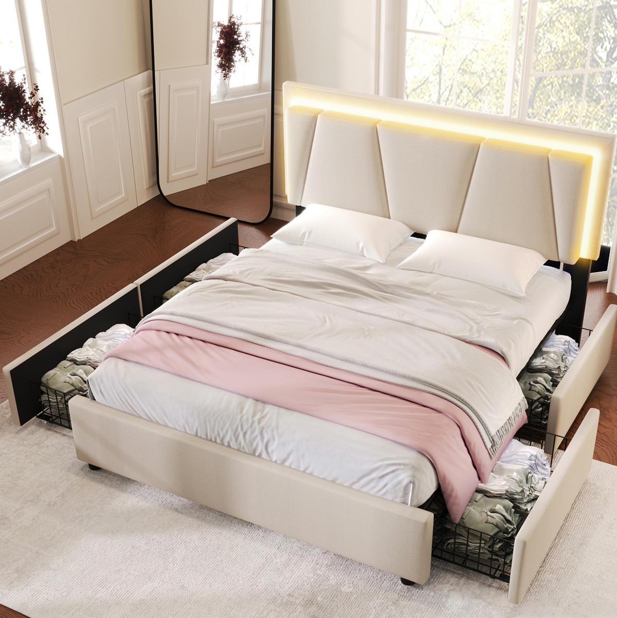 POLSTERBETT 160/200 cm mit LED-Beleuchtung, 4 Schubladen und verstellbarem Kopfteil, Beige - Beige, Holz (160/160cm) - Redom