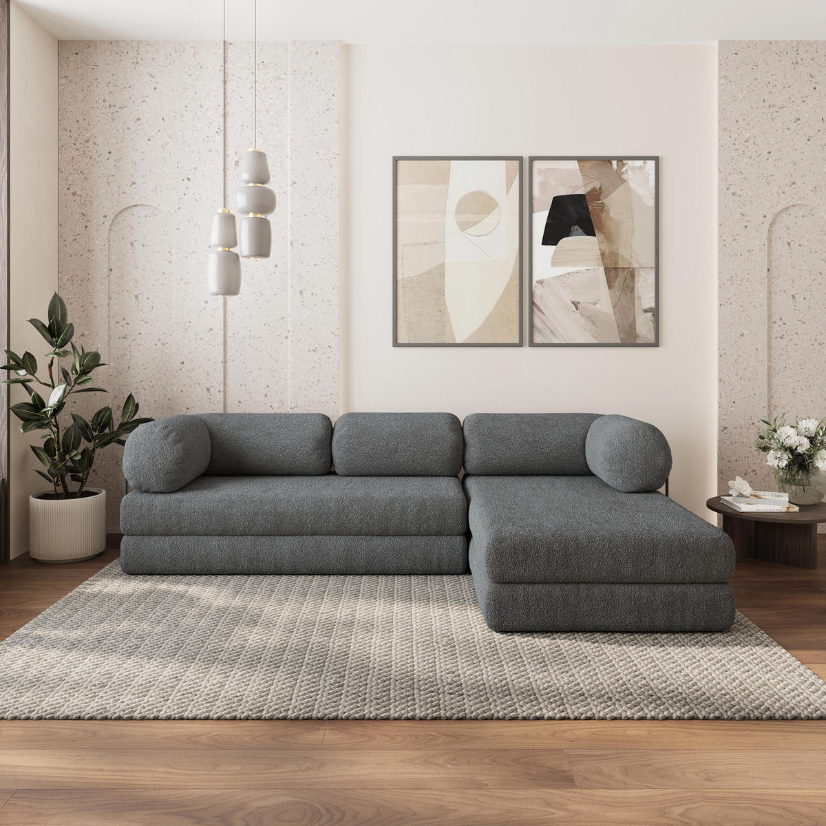 ROHOVÁ SEDAČKA KELI modulární Boneless pohovka s funkcí spaní, šedá QUELLE 92 - šedá, textil (270/160cm) - MASSENO