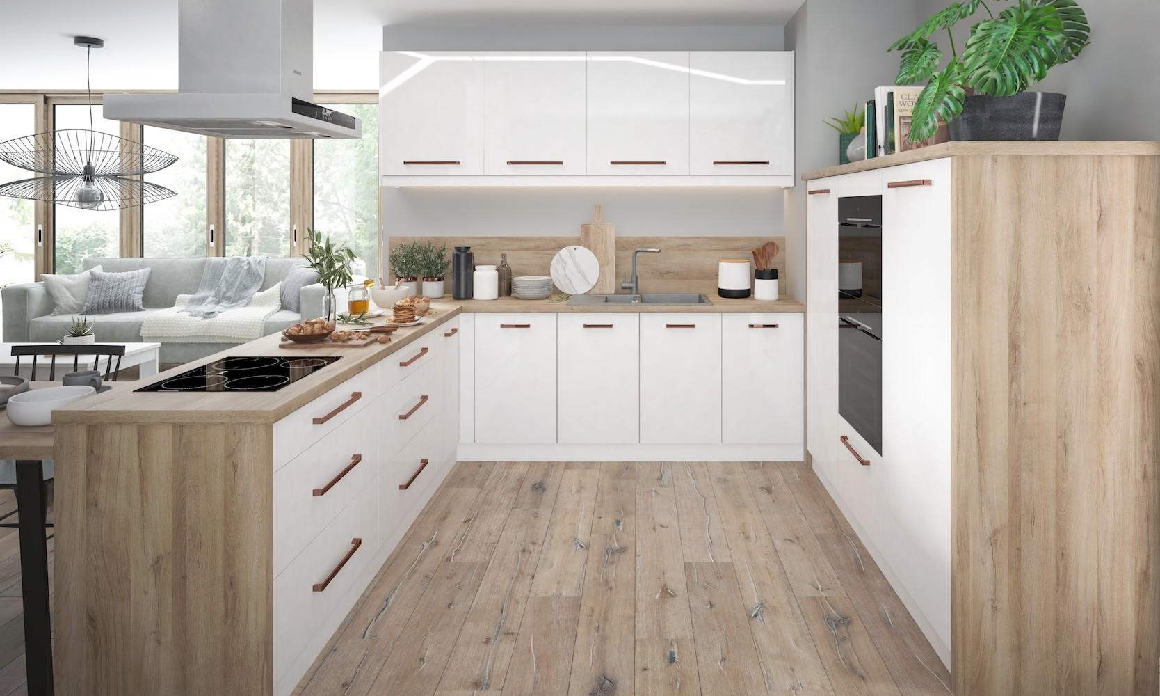 WINKELKÜCHE Essen weiß matt / weiß Hochglanz, Abschlussrahmen weiß matt / Grey Craft Oak 13-teilig - Weiß/Braun, Holzwerkstoff/Metall (250/207/289cm) - Feldmann-Wohnen