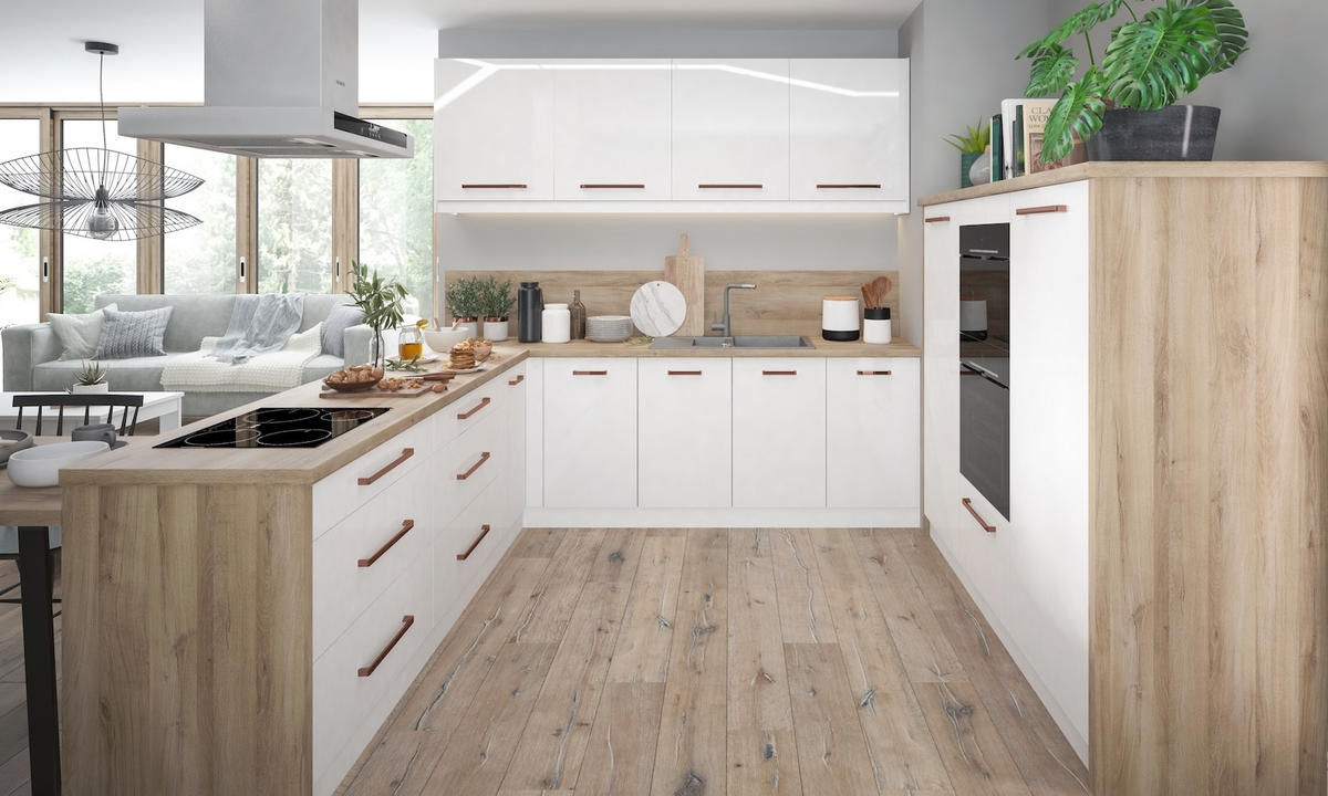 WINKELKÜCHE Essen weiß matt / weiß Hochglanz, Abschlussrahmen weiß matt / Grey Craft Oak 13-teilig - Weiß/Braun, Holzwerkstoff/Metall (250/207/289cm) - Feldmann-Wohnen