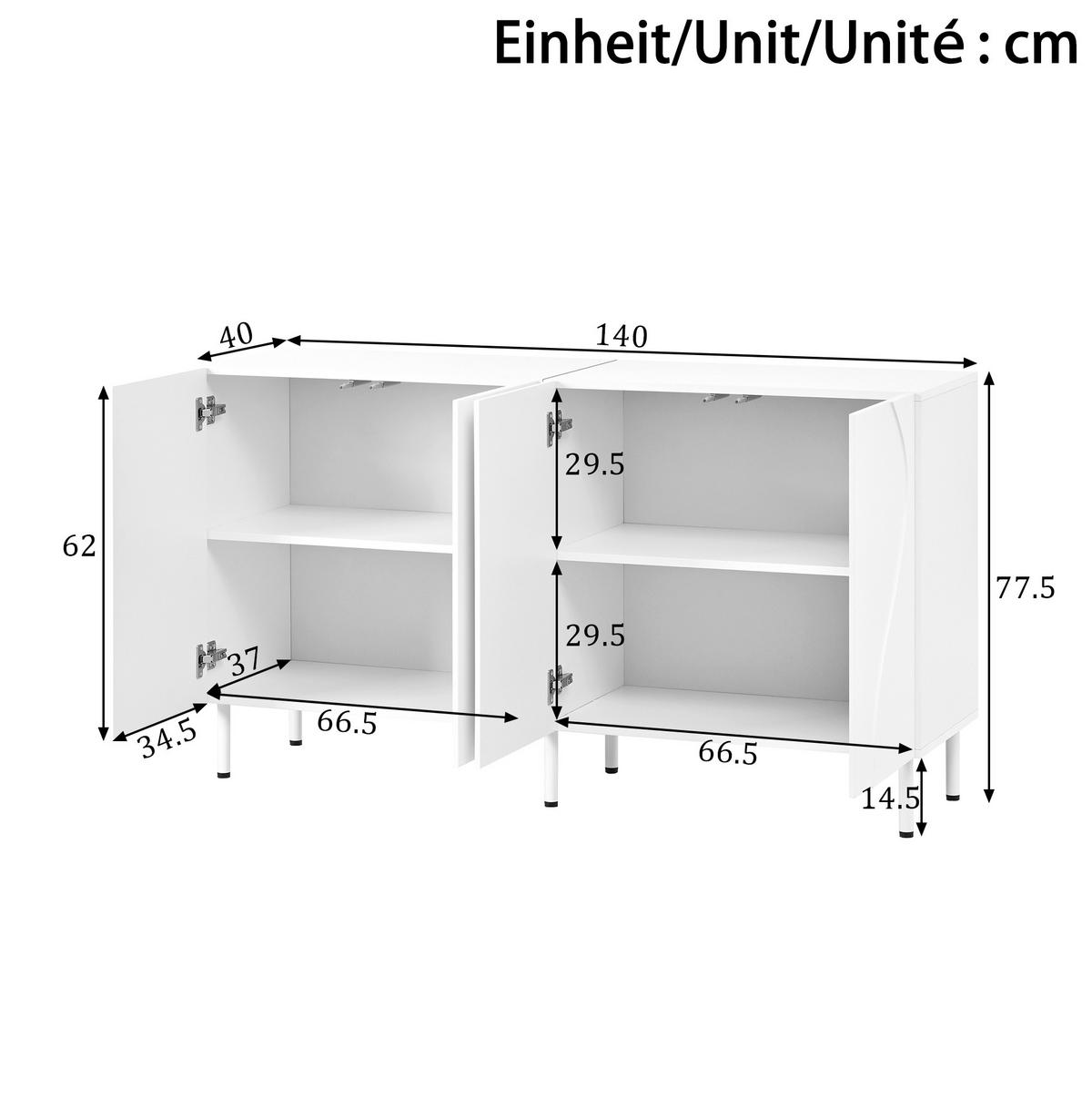 SIDEBOARD 140/40/77,5 cm Weiß aus MDF und PB mit Push-to-Open - Weiß, Holzwerkstoff (140/77.5/40cm) - OKWISH