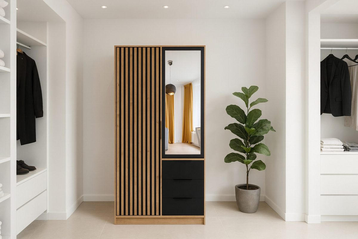 DREHTÜRENSCHRANK LABOO LUX 100/200/58 cm in Eiche Wotan / Schwarz mit Lamellen - Eiche Wotan/Schwarz, Holzwerkstoff (100/200/58cm) - Deine Möbel 24