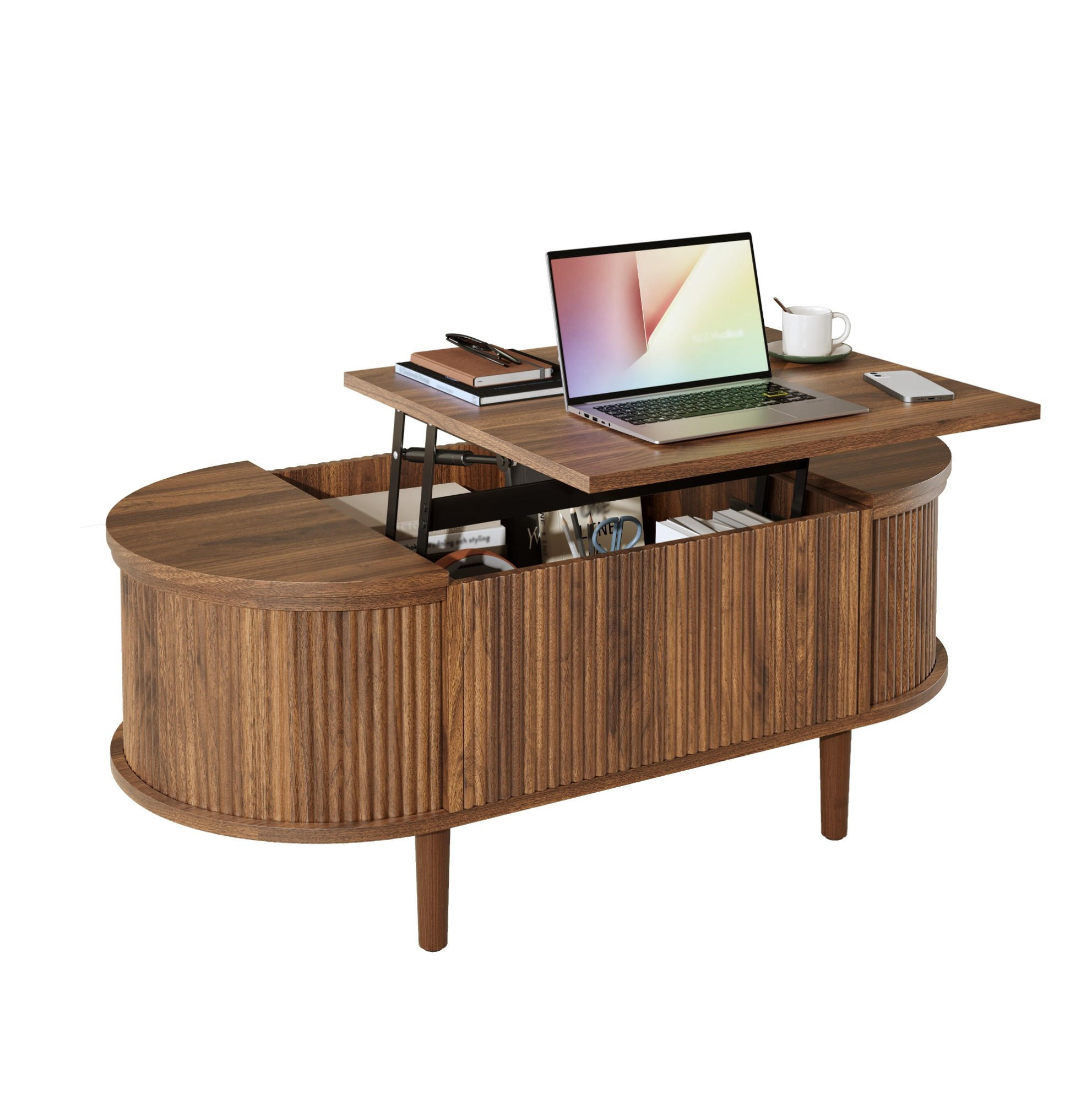 Modfu KONFERENČNÍ stolek z MDF 100x48x53,5 cm ořechová s výklopnou deskou a úložným prostorem, oválný vintage styl