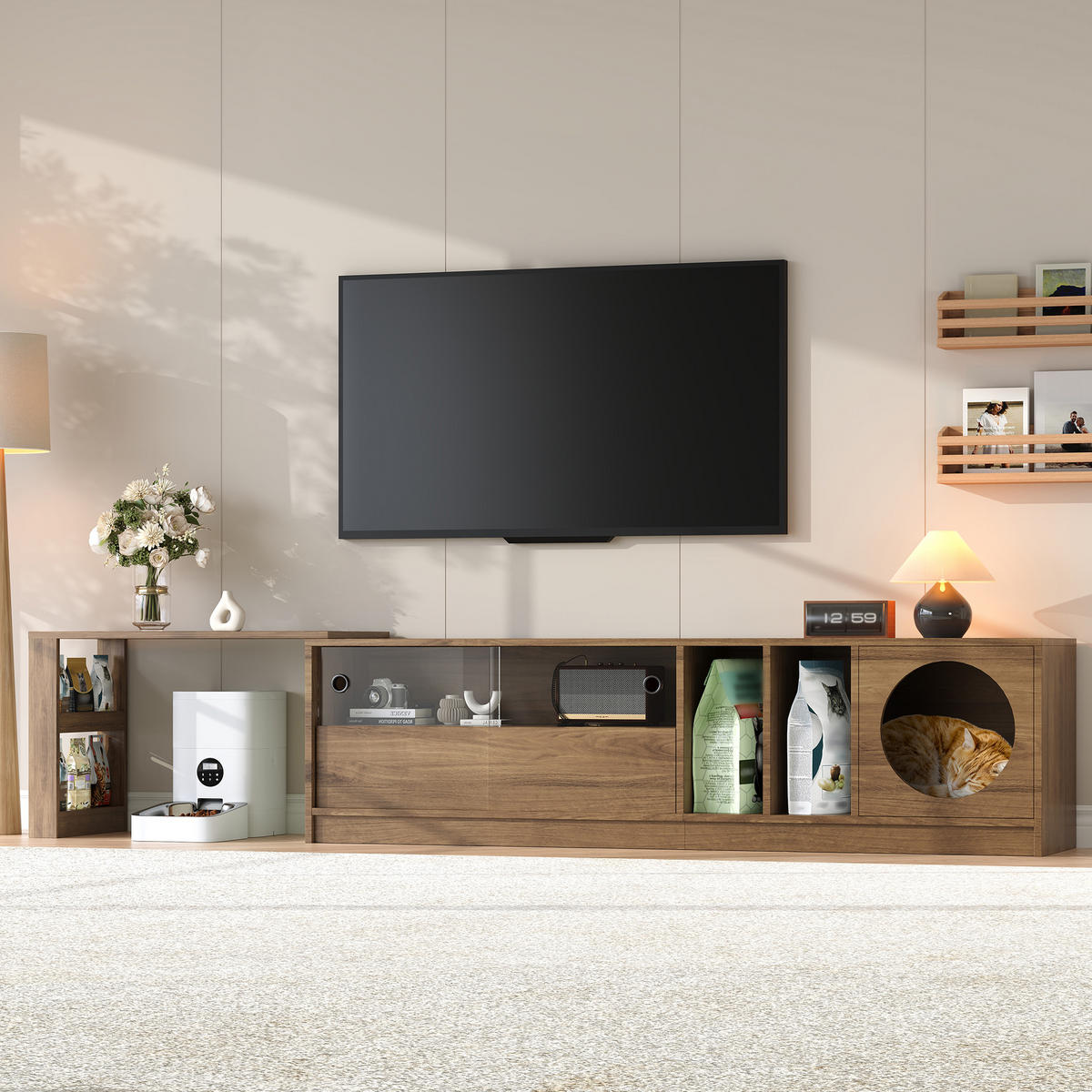 TV-ELEMENT mit Couchtisch - Kombination 2er-Set mit Katzenkorb Nussbaum - Nussbaumfarben, Holzwerkstoff (180/50/40cm) - OKWISH