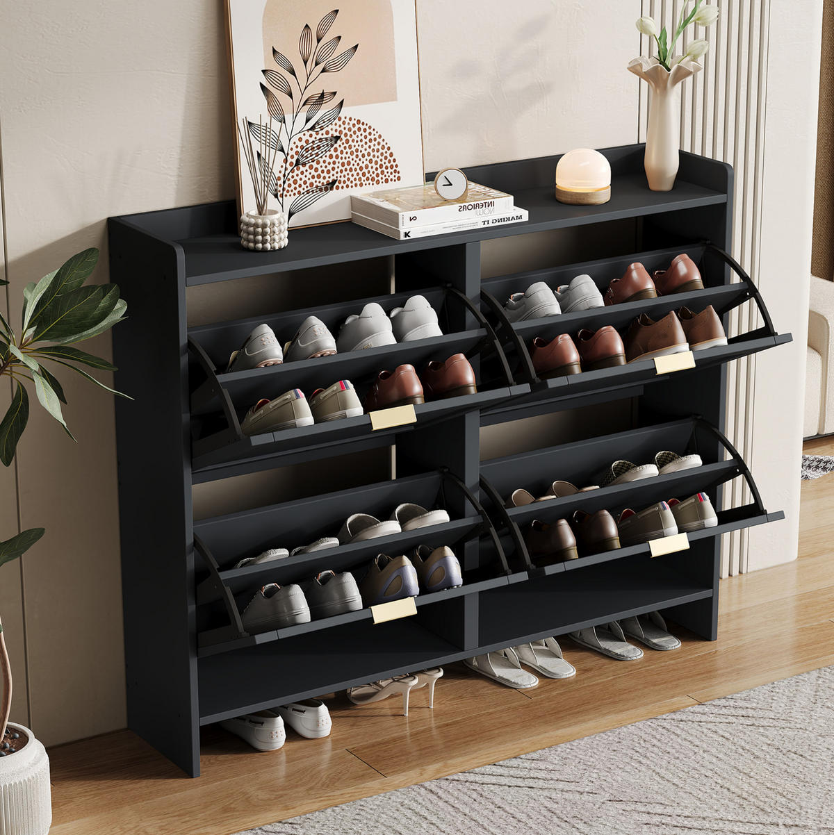 SCHUHSCHRANK 110/24/90 cm in Schwarz mit 4 Klappenfächern und offenen Ablagen - Schwarz, Holzwerkstoff (110/90/24cm) - Flora Grace