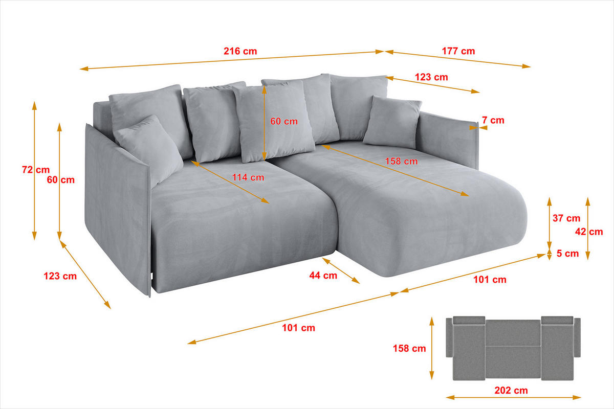 ECKSOFA Ottomane rechts ONESK-L 216x177x72 Hellgrau Velours - Titanfarben/Hellgrau, Holzwerkstoff/Kunststoff (177/216cm) - ALTDECOR
