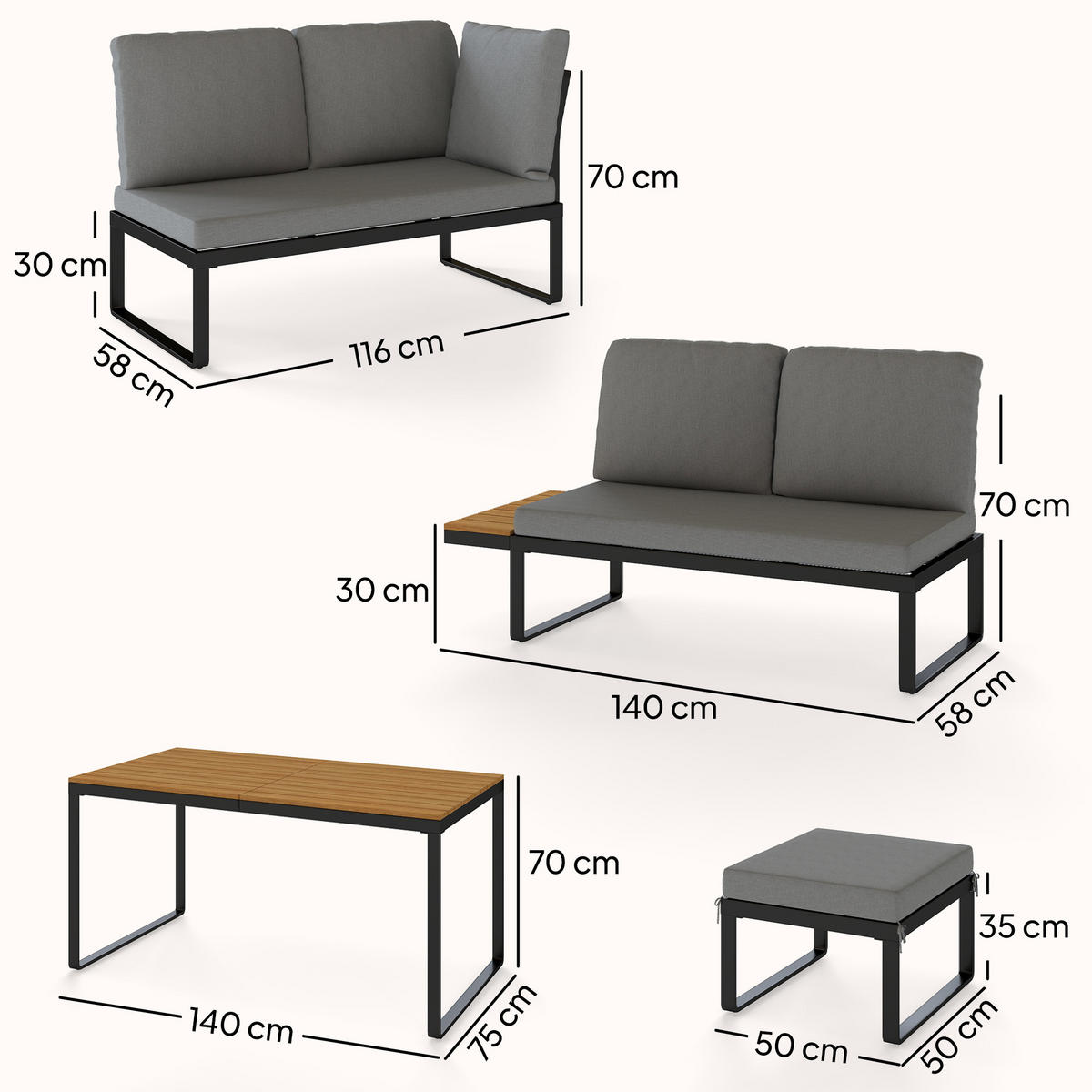 GARTENLOUNGE-SET DE-13544 modular für 6-8 Personen, Aluminium Grau - Grau, Metall - ComfortXL