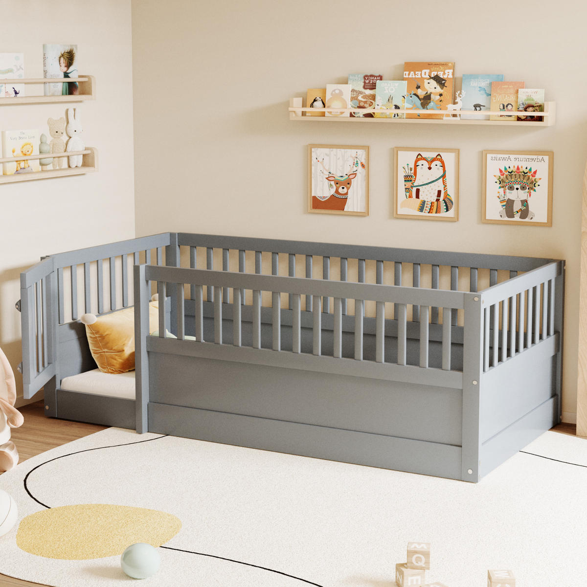 KINDEREINZELBETTEN aus Massivholz 90x200 cm in Grau mit Zaun & Tür - Grau, Holz (90/200cm) - Modfu