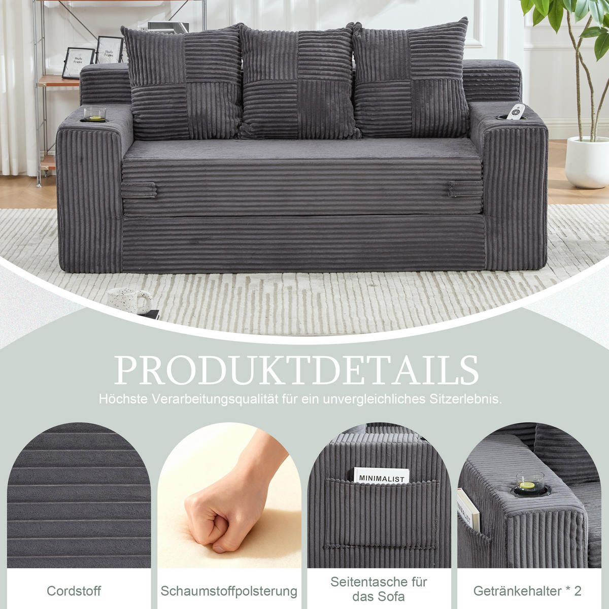 2-SITZER Bodensofa ausklappbar, Getränkehalter/Seitentaschen, Cord, Grau - Grau, Textil (172/64/87cm) - LVHOM