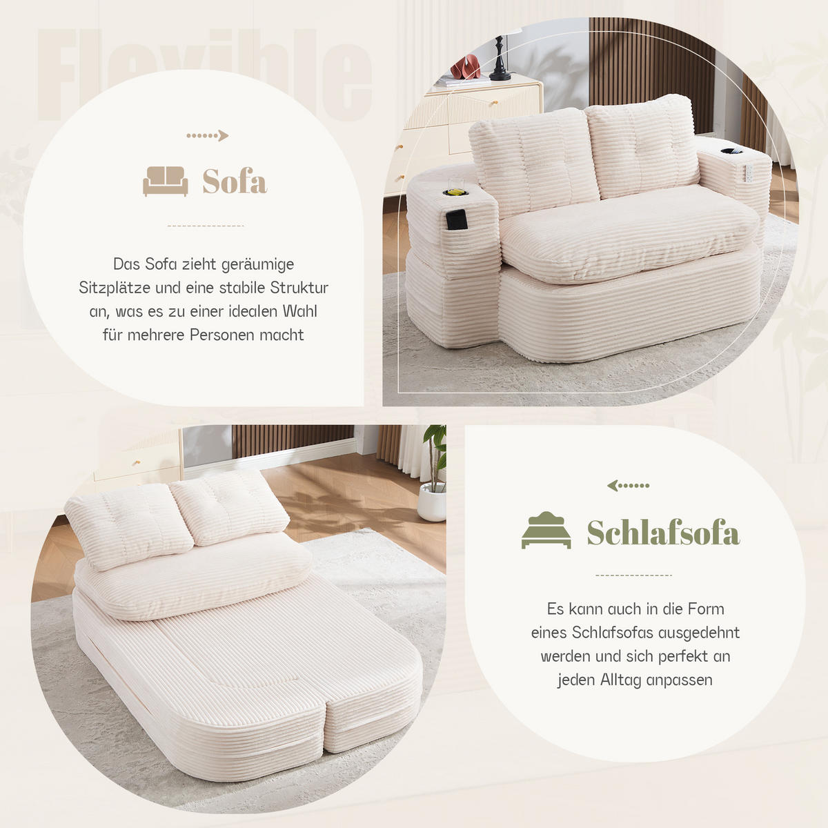 SCHLAFSOFA 2-in-1 Cordstoff Liegefunktion - Beige, Textil (165/61/97cm) - Urban Meuble