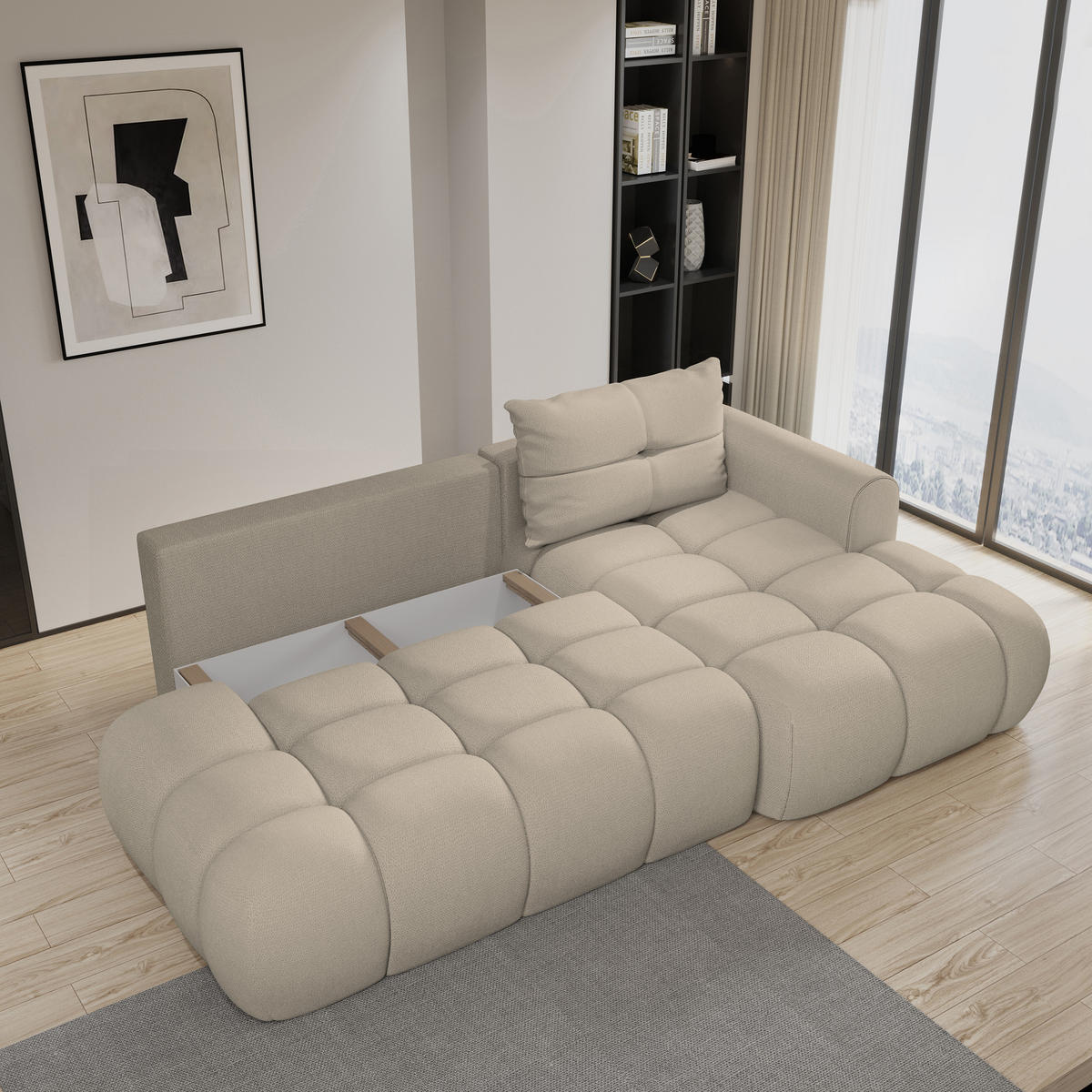 ECKSOFA FLUMA R-S Beige Geflochtener Stoff mit Schlaffunktion - Beige, Holz (274/165cm) - MASSENO