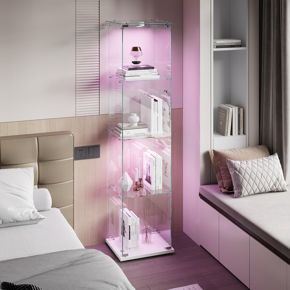 VITRINE Glas LED, 4 Regale, mit Schloss, für Wohn-, Schlaf & Esszimmer - Weiß, Holz (35/163/39.8cm)