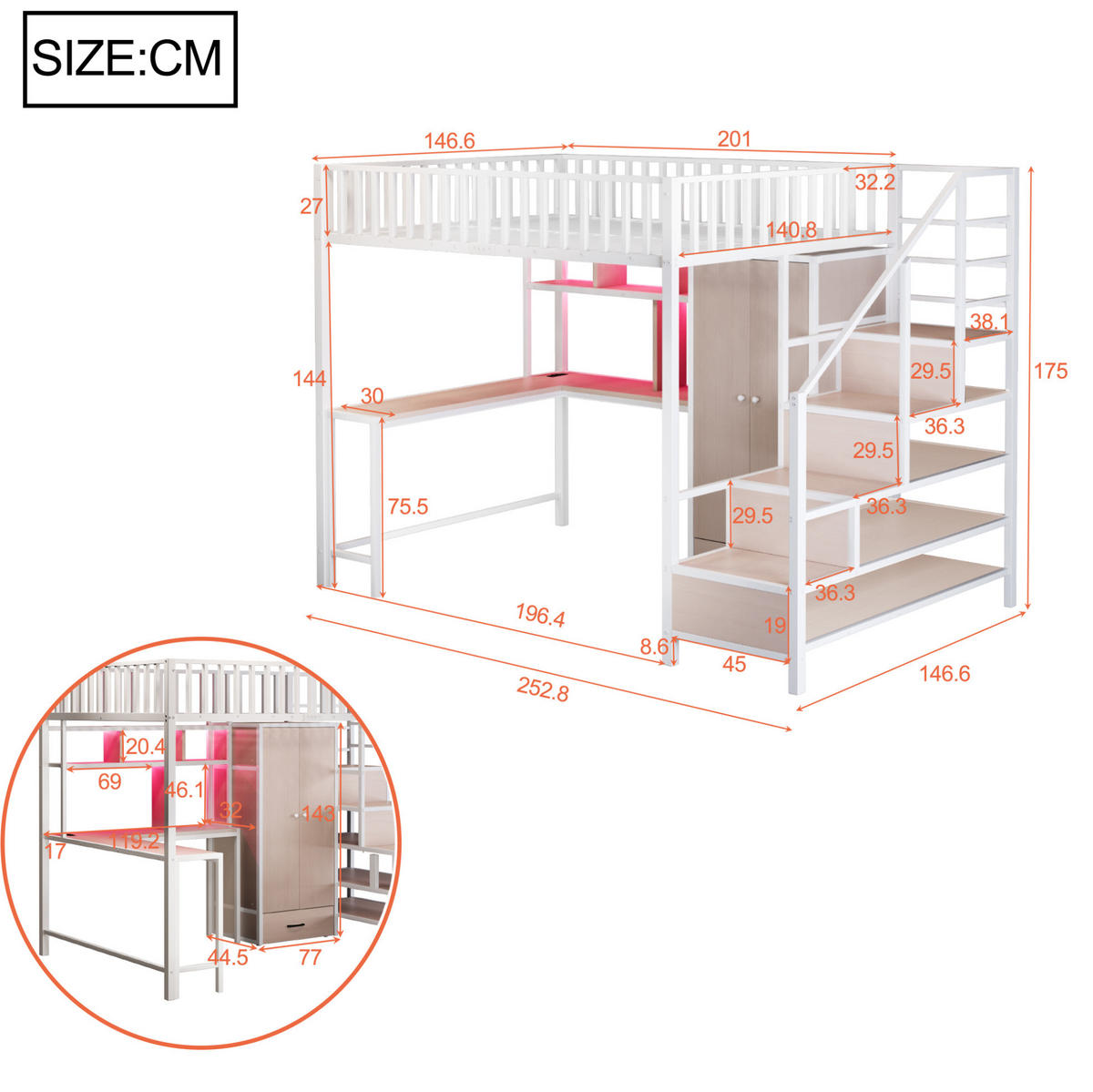 HOCHBETT 140/200 cm aus Metall/MDF mit Schreibtisch, Kleiderschrank und LED-Beleuchtung Weiß - Weiß, Metall (140/200cm) - Modenvie