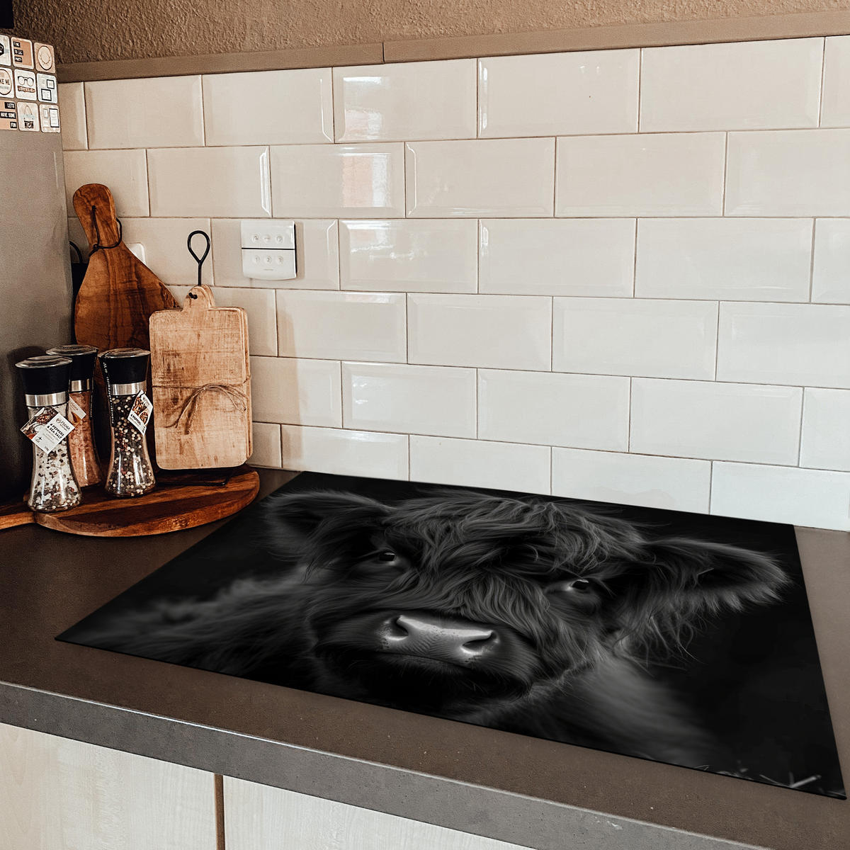 HERDABDECKPLATTE Scottish Highlander - Schwarz - Kalb - Kuh Herdabdeckung Induktionsfeld 75x52 cm - Schwarz, Kunststoff (75/52/0.2cm) - MuchoWow