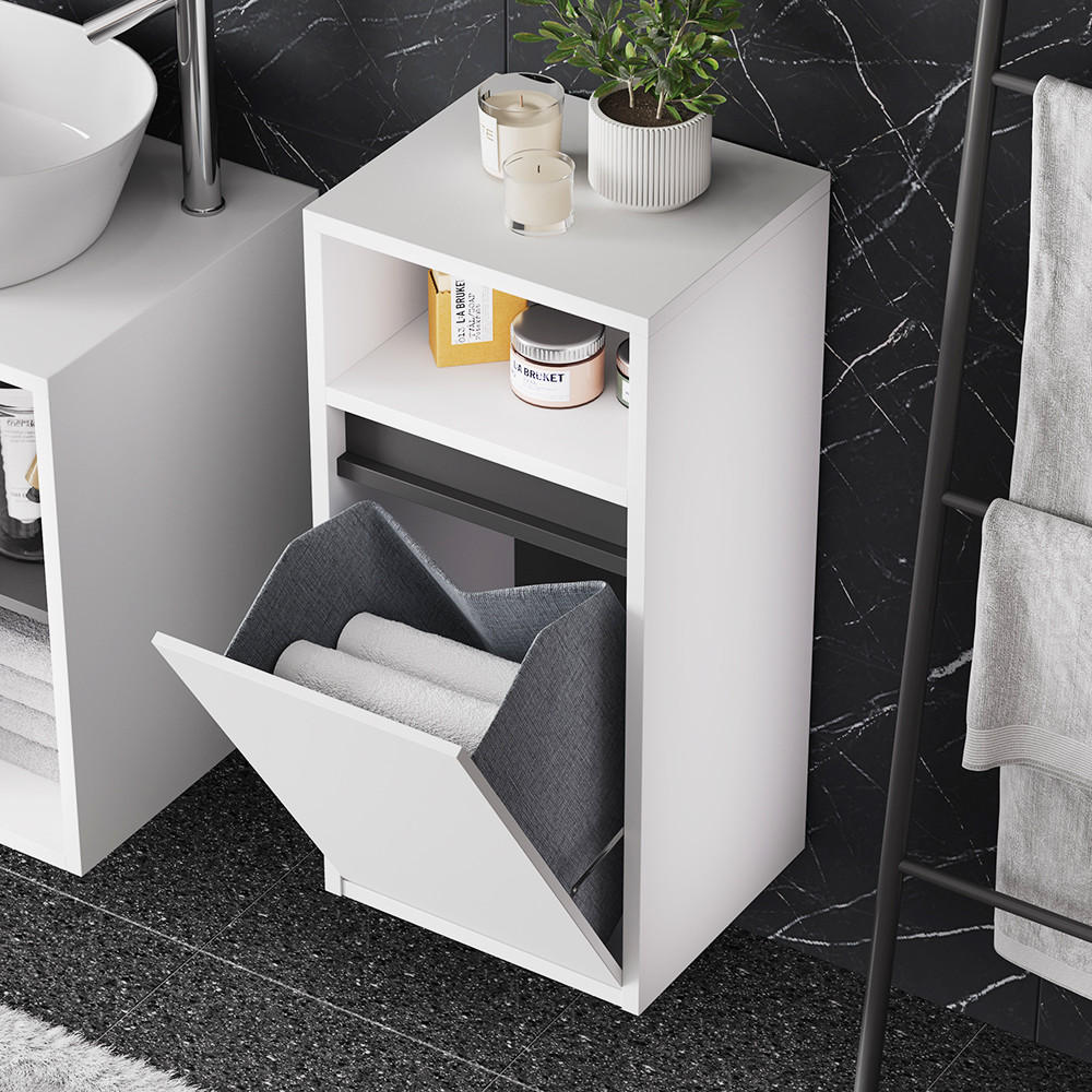 BADSCHRANK Viola Weiß/Grau 38 x 80 cm mit Wäschkorb - Weiß/Grau, Holzwerkstoff (38/80/33cm) - Vicco