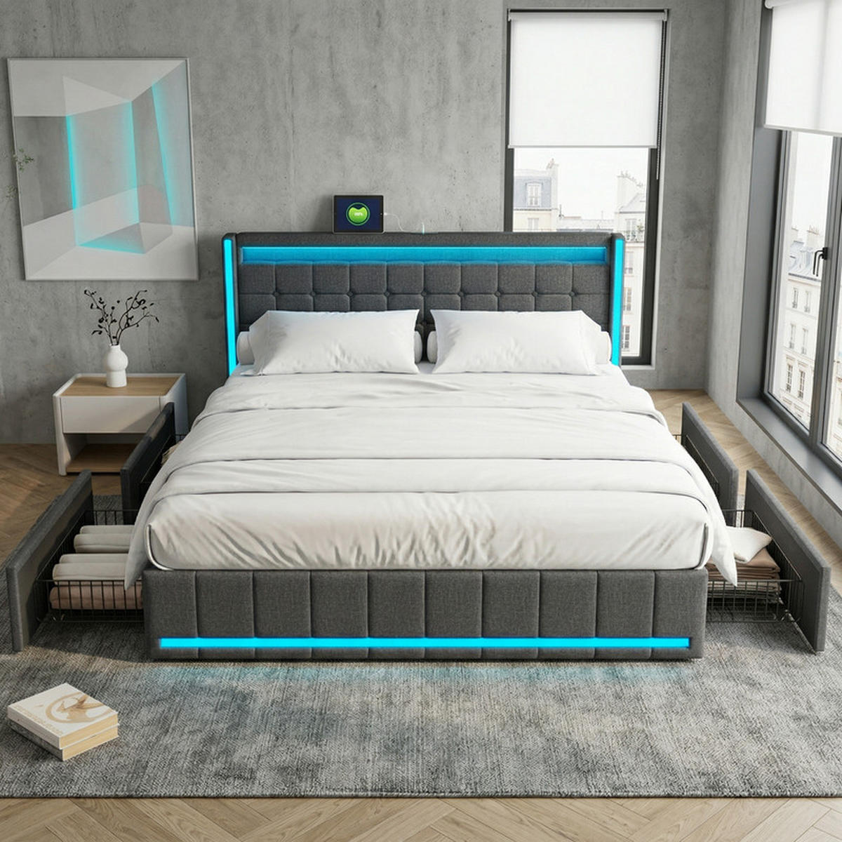 POLSTERBETT 140/200 cm dunkelgrau mit Schubladen, LED und USB - Grau, Holz