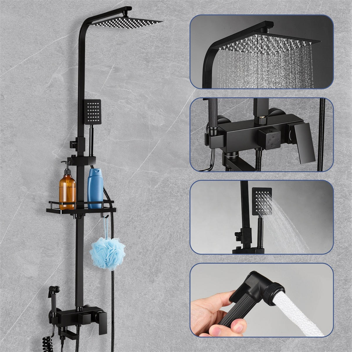 DUSCHSET mit Thermostat-Effekt - Duschsystem 4-in-1 mit Regendusche und Bidet-Sprühpistole - mit Handbrause - Schwarz - Schwarz, Metall (20/105/16cm) - DELFA