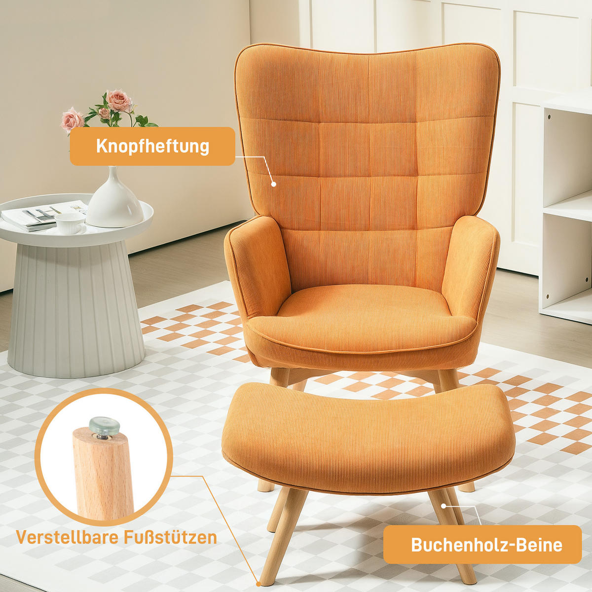 SESSEL mit Hocker, Ohrensessel mit Hoher Rückenlehne, Holzbeine, Cord, Braun - Bernsteinfarben, Textil (80/101/72cm) - HOMCOM