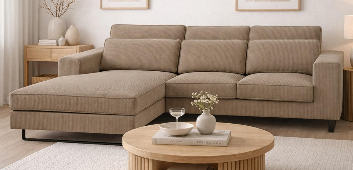 SOFA braun Cord 276 cm, Ecksofa 4-Sitzer, L-Sofa Ottomane links - Schwarz/Braun, Holz/Textil (276/183cm) - Inn.Furn