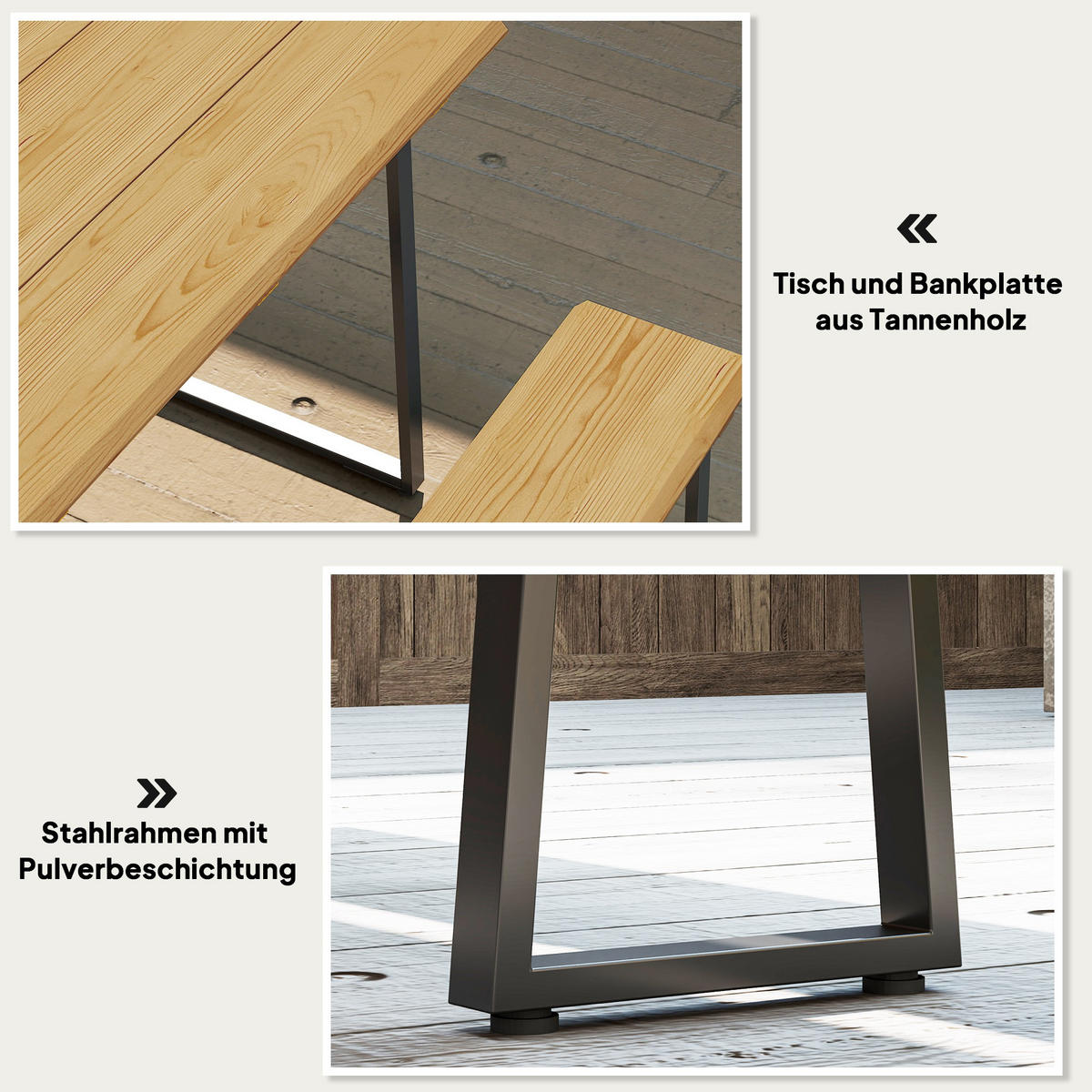 SITZGRUPPE 3-teilig Holz Essgruppe für 6 Personen Esstisch mit Bänke Schirmloch - Schwarz/Naturfarben, Holz/Metall - Outsunny