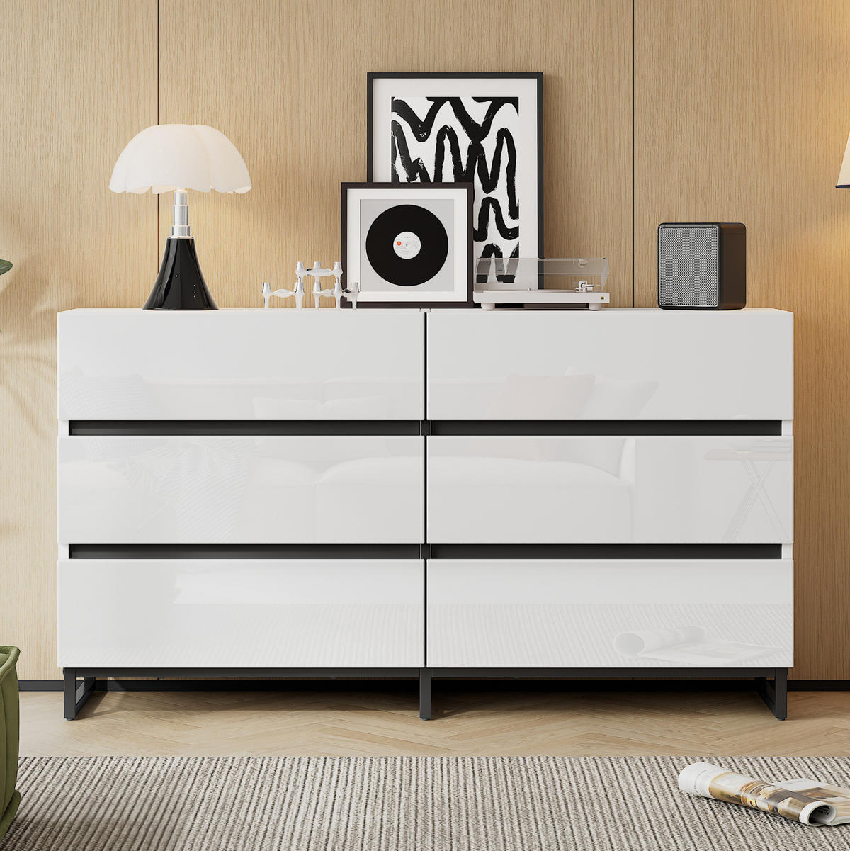 SIDEBOARD 140/39,5/78,5 cm so 6 zásuvkami, vysokým leskom a stabilnými kovovými nožičkami, Biela+Čierna - biela, kompozitné drevo (140/78.5/39.5cm) - Redom