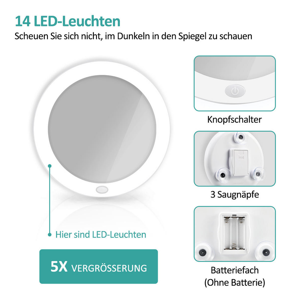 KOSMETIKSPIEGEL mit Licht mit Saugnapf, 5-fache Vergrößerung, Weiß, ф16,5 cm - Weiß, Glas (16.5/16.5/16.5cm) - EMKE