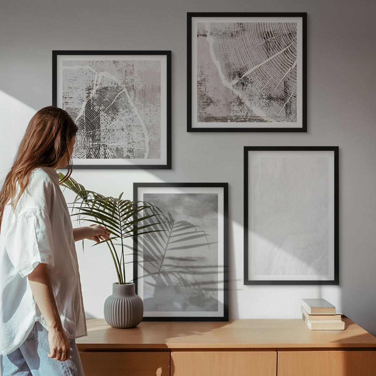BILDER SET 4er Set - 50x50 cm & 40x60 cm Schwarzer Rahmen - Abstrakte moderne Formen - Schwarz, Kunststoff (50/50cm) - TULUP