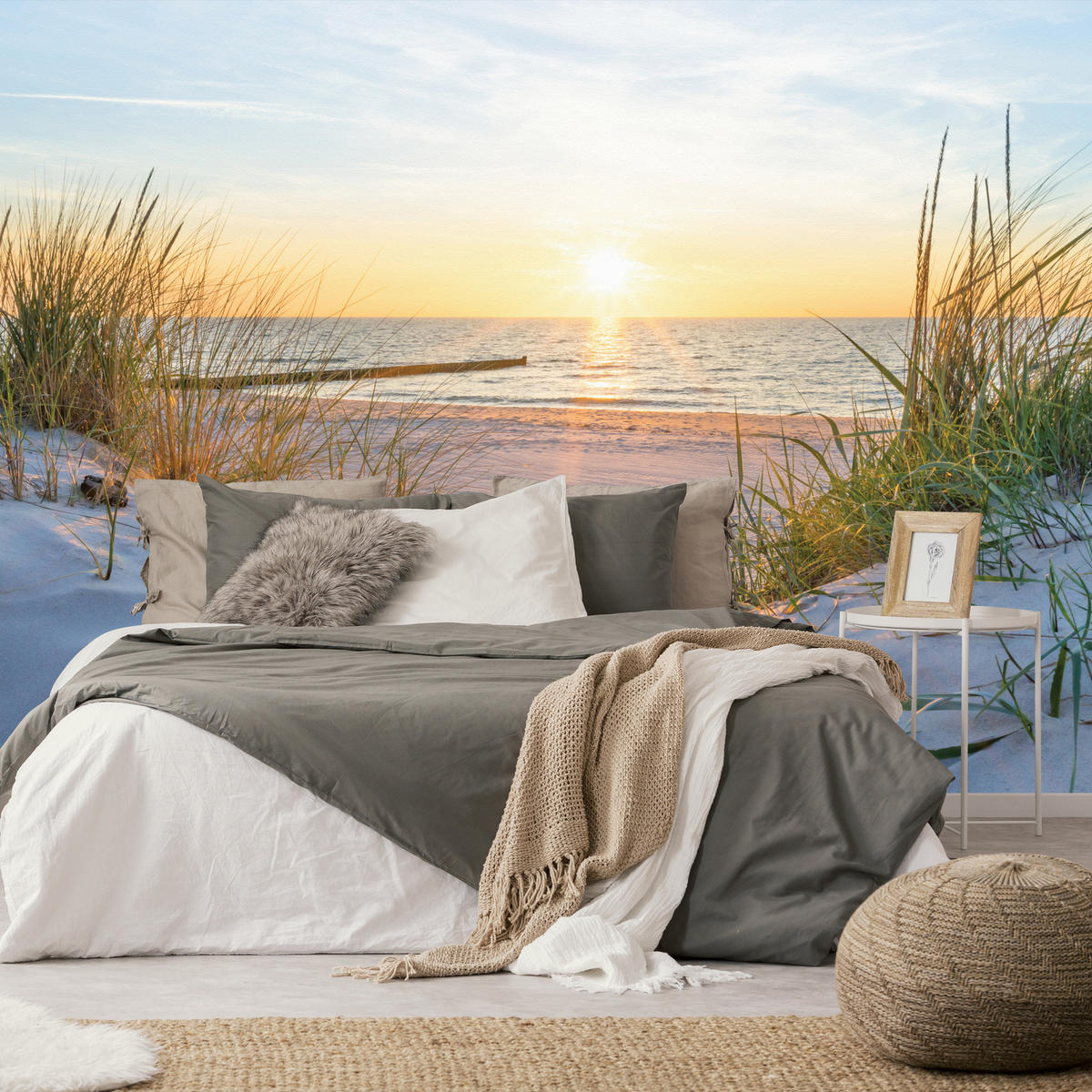 FOTOTAPETE Strand Meer Sonnenuntergang Landschaft 3D 450x315 - Blau/Gelb, Papier (450/315cm) - Muralo