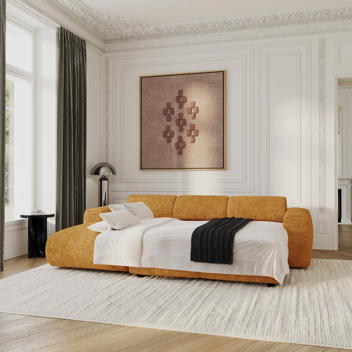 ECK-SCHLAFSOFA (links) YUMA Strukturierter Samt Senf 283cm - Gelb/Dunkelgelb, Textil (283/180cm) - Sia Home