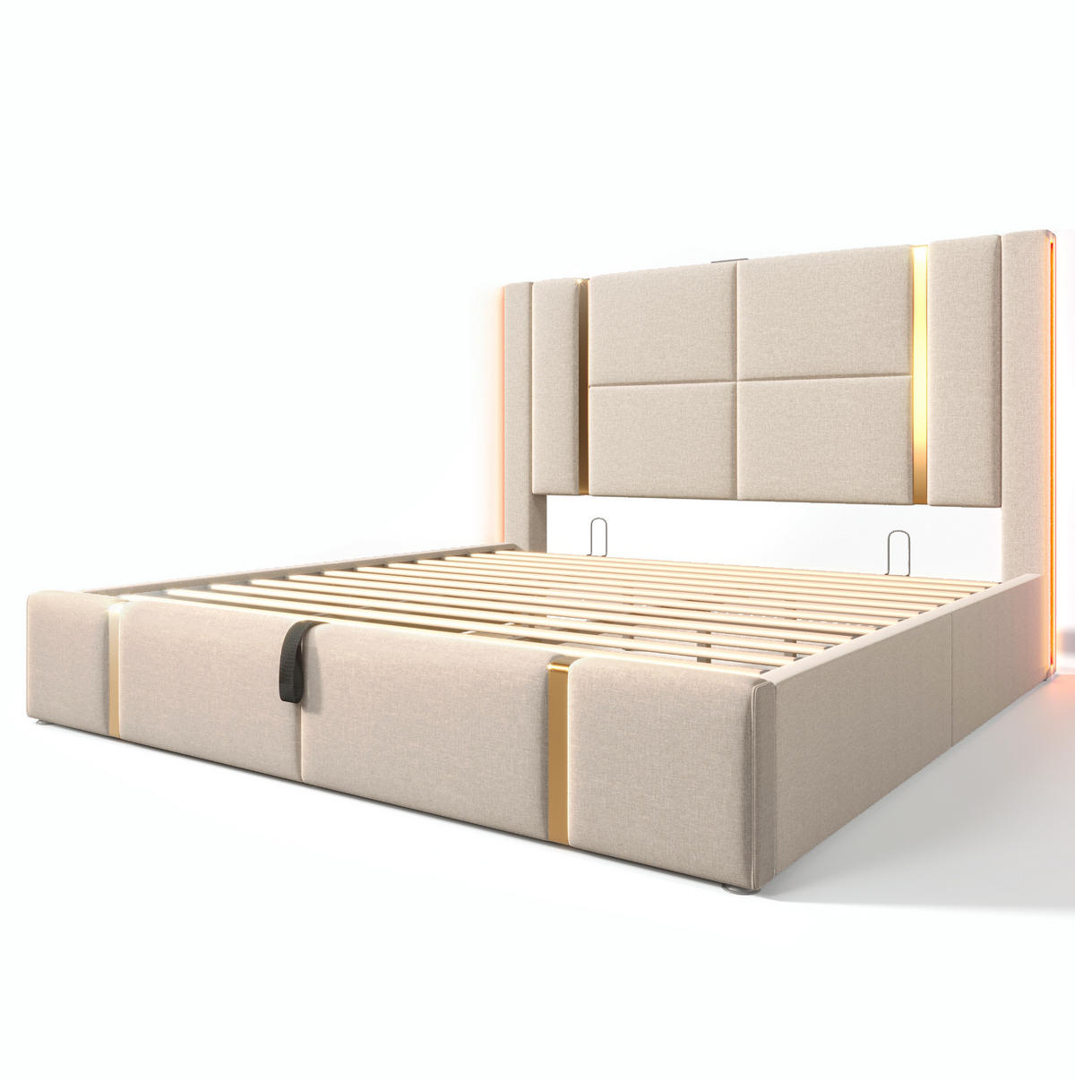 ČALÚNENÁ posteľ 160/200 cm, ľan béžová, s LED, USB-C, úložným priestorom a matracom - béžová, textil (160/200cm) - BEAOK