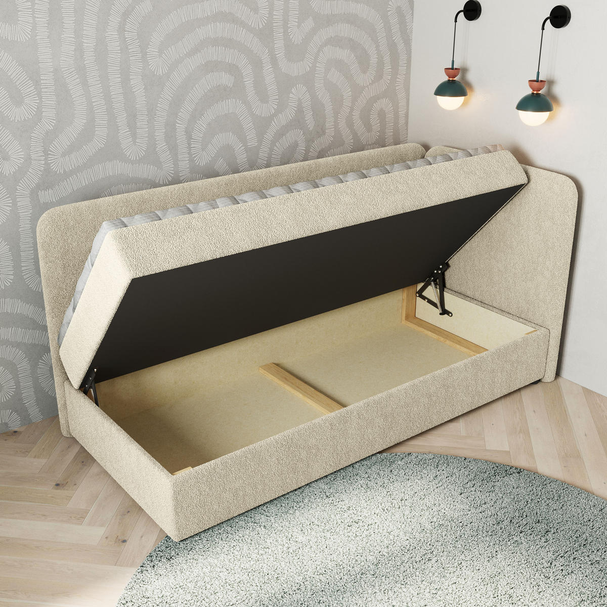 BOXBETT GINA 100x200 cm mit Matratze und Topper, H2+H3 - Creme - Creme, Holz (100/200cm) - MASSENO