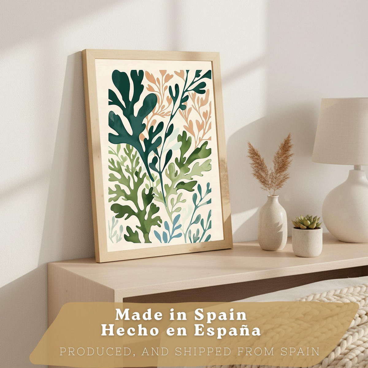 PLAKAT Sada 3 Zelené rostliny A3 Lehký dřevěný rám - béžová, papír (29.7/1/42cm) - Nacnic