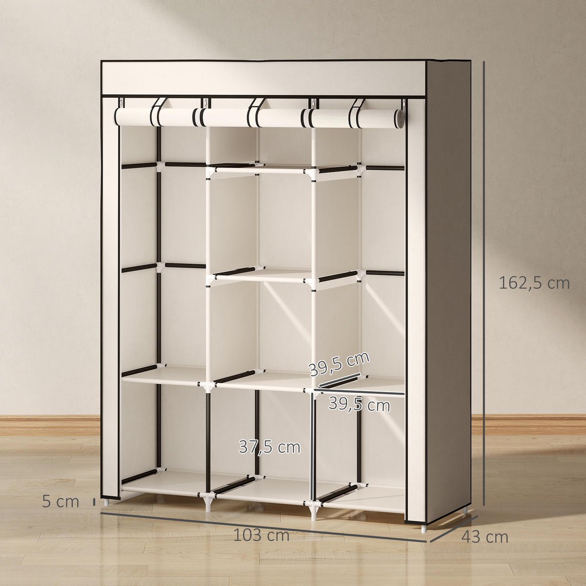 STOFFSCHRANK mit 8 Regalen und 2 Kleiderstangen, praktische Aufbewahrungslösung für Kleidung, Cremeweiß - Creme, Metall (125/162.5/43cm)