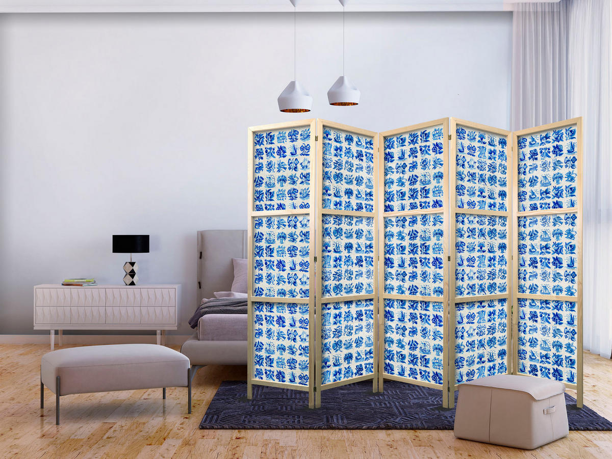 PARAVENT Japanischer 5-tlg 225x172 cm Blaue Fliesen - Blau, Holz/Textil (225/172/3cm) - Muralo