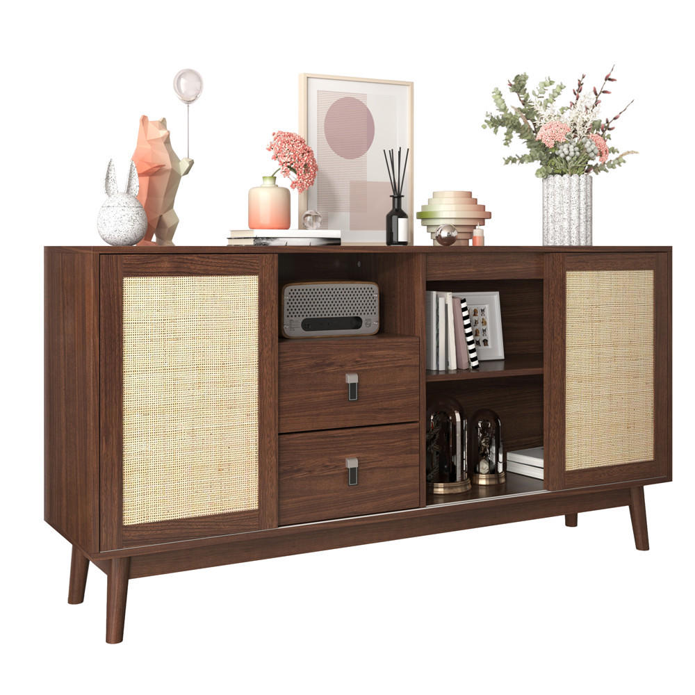 SIDEBOARD Walnussfarbe 155/80/38 cm mit 3 Schiebetüren 2 Schubladen - Walnussfarben, Holz (155/80/38cm) - Kaket