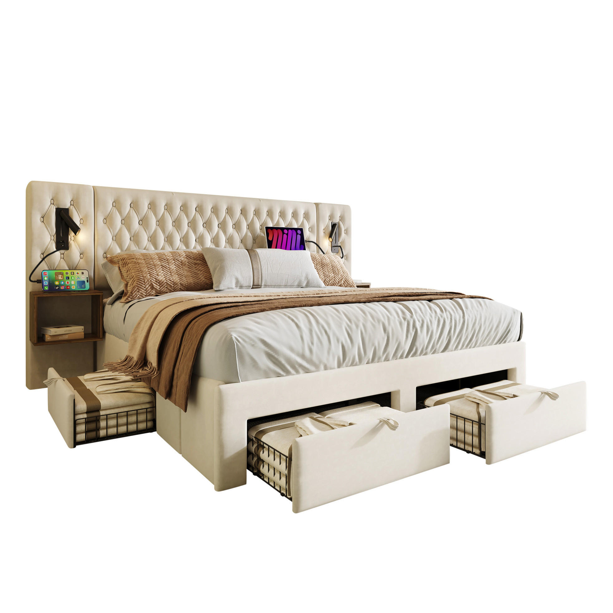 BETTANLAGE mit 2 Nachttischen und 4 Schubladen 160x200 cm Samt Beige - Beige, Metall (160/200cm) - Meubliv