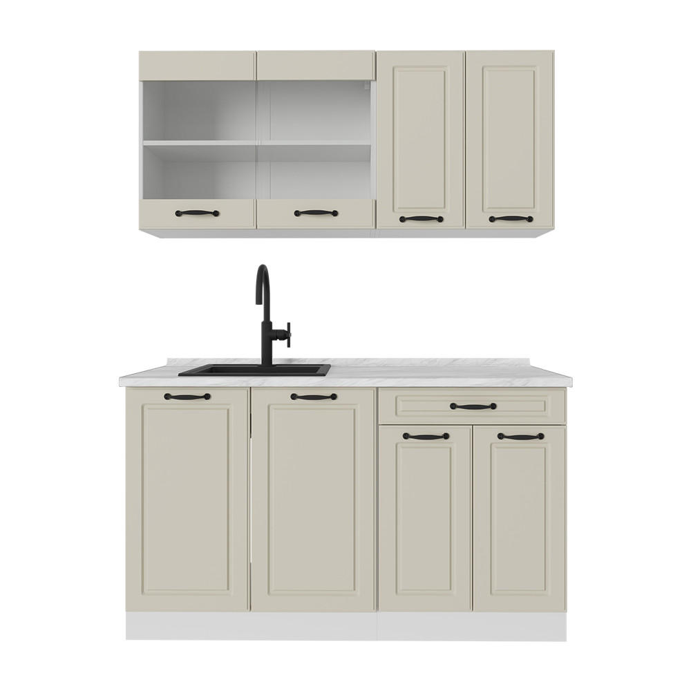 SINGLEKÜCHE R-Line, Sand Landhaus/Weiß, 140 cm Arbeitsplatte Marmor - Beige/Weiß, Holzwerkstoff (140/81.6/60cm) - Vicco