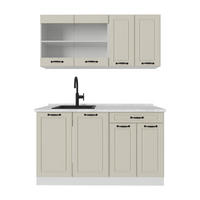 SINGLEKÜCHE R-Line, Sand Landhaus/Weiß, 140 cm Arbeitsplatte Marmor - Beige/Weiß, Holzwerkstoff (140/81.6/60cm) - Vicco