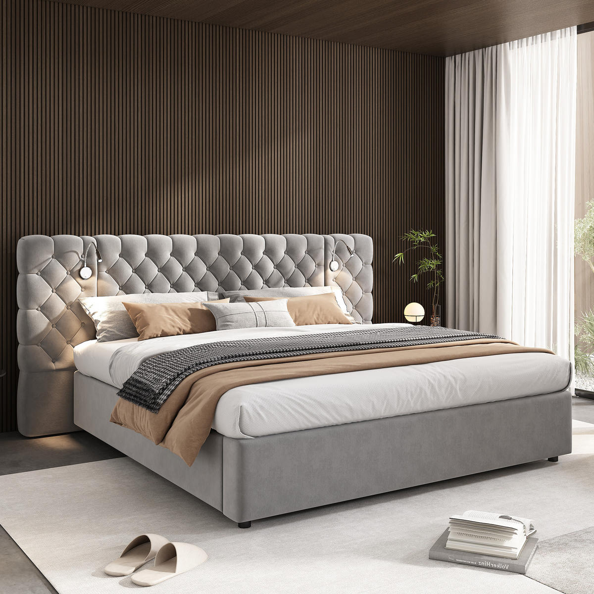 POLSTERBETT 180 x 200 cm in Samt mit LED-Beleuchtung - Grau, Holz/Textil (180/200cm) - KOMHTOM