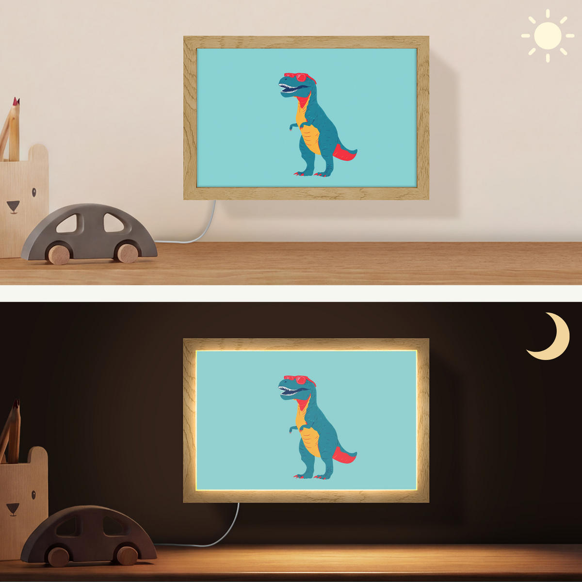 NÁSTĚNNÁ LAMPA Dinosaurus - Modrá - Sluneční brýle 30x20 cm - světle modrá, kompozitní dřevo (30/20/8cm) - OnlyWow
