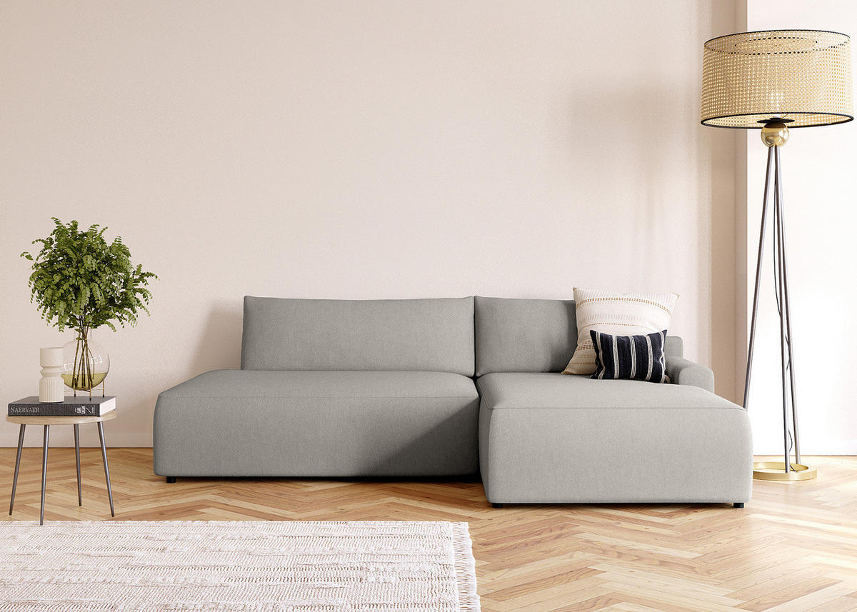 ECKSOFA mit Schlaffunktion - Longchair - Hellgrau/Schwarz, Kunststoff/Textil (253/167cm) - home24