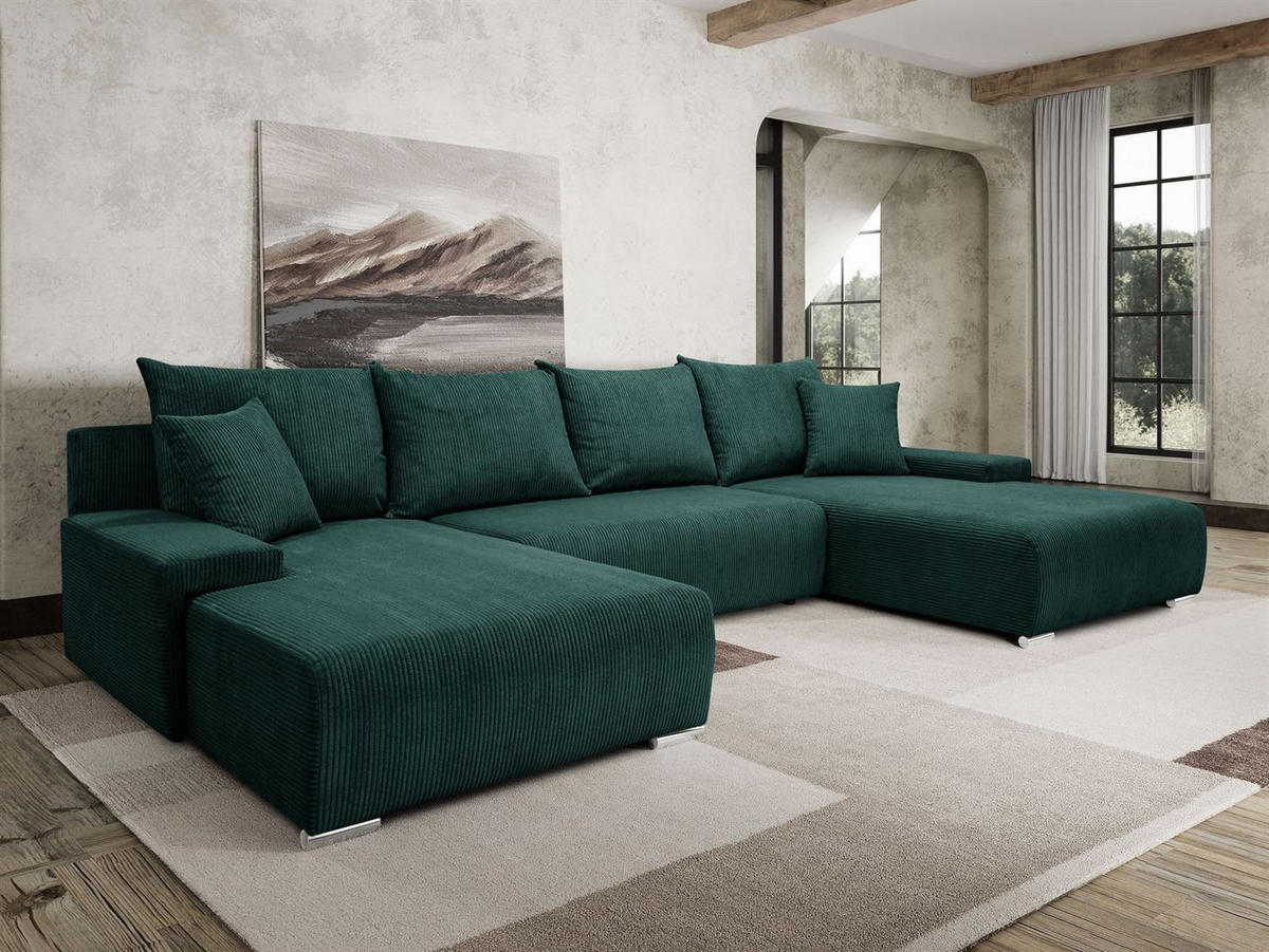 WOHNLANDSCHAFT LAVIO U mit Schlaffunktion und Bettkasten - Grün, Textil (348/93/188cm) - Lookway