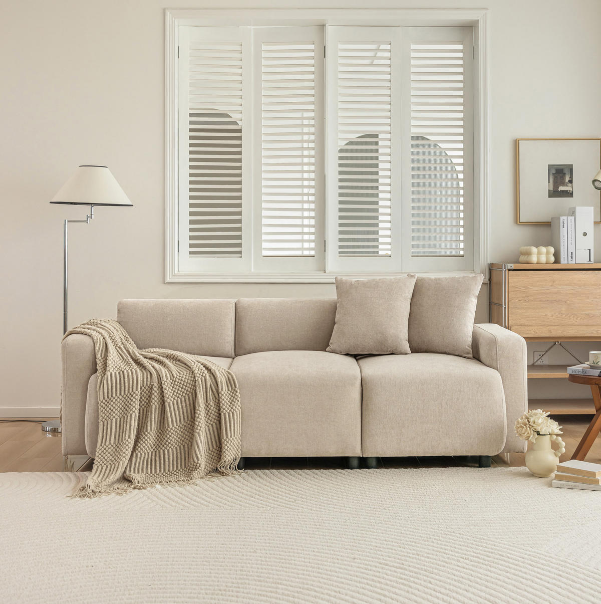 SOFA 3-Sitzer 211 x 67 x 71 cm Chenille Beige mit 2 Kissen - Beige, Kunststoff (211/71/67cm) - Meubliv