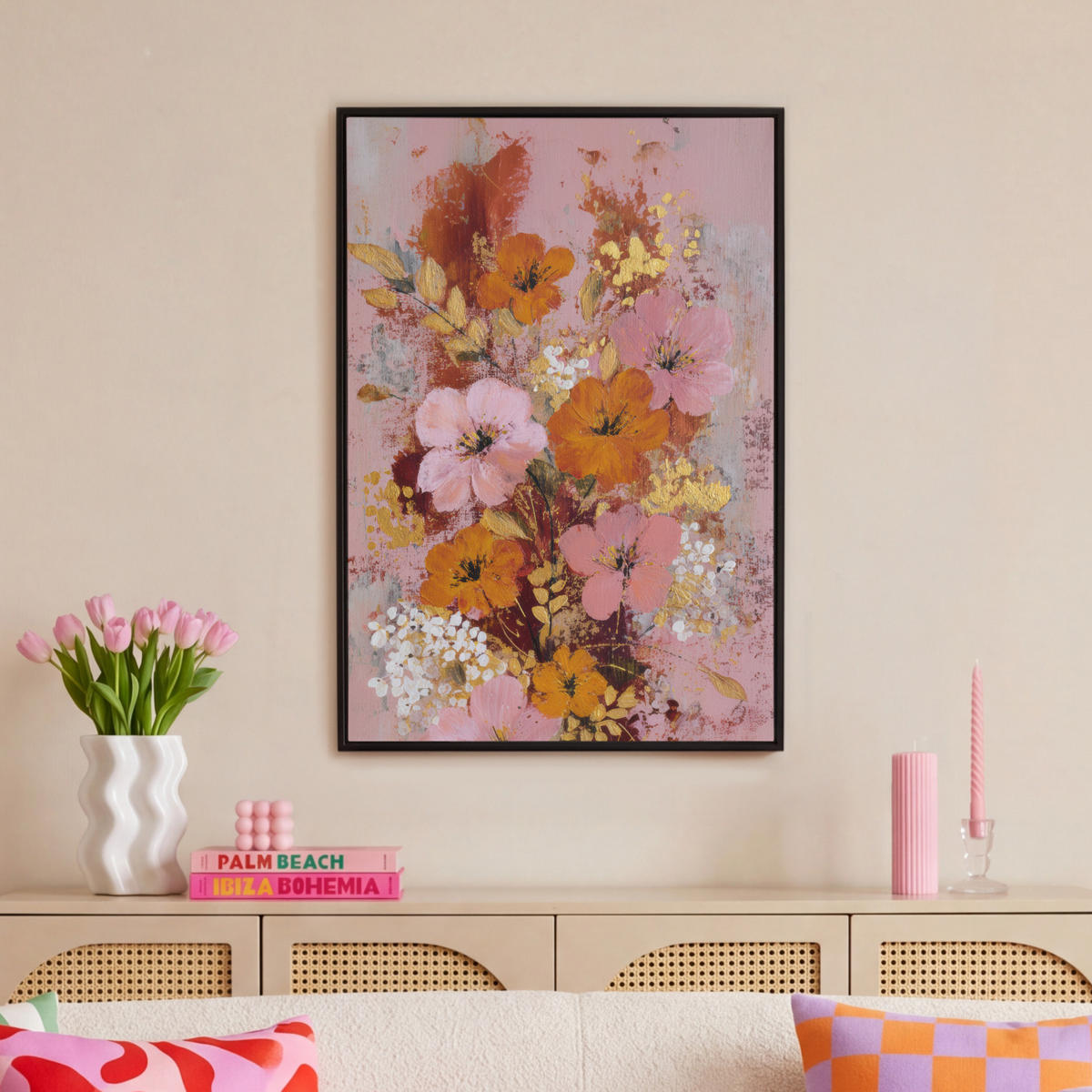 LEINWAND Bilder mit Rahmen - Malerei - Blumen - Rustikal - Rosa - 60x90 - Altrosa, Textil (60/90cm) - MuchoWow