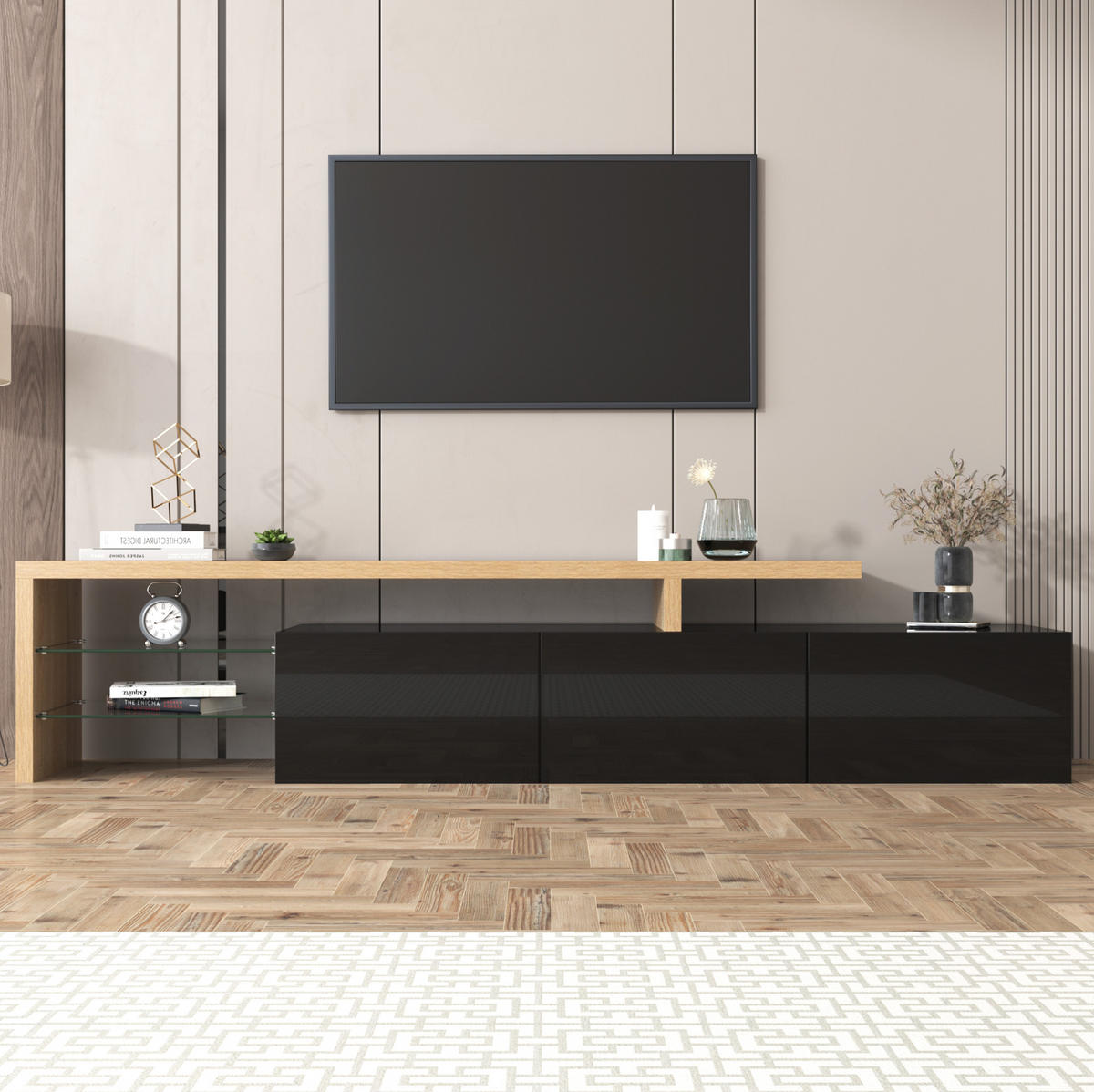 TV-ELEMENT mit LED 197,5 cm Schwarz Holzoptik - Schwarz, Glas (39/42/197.5cm) - Beauniv