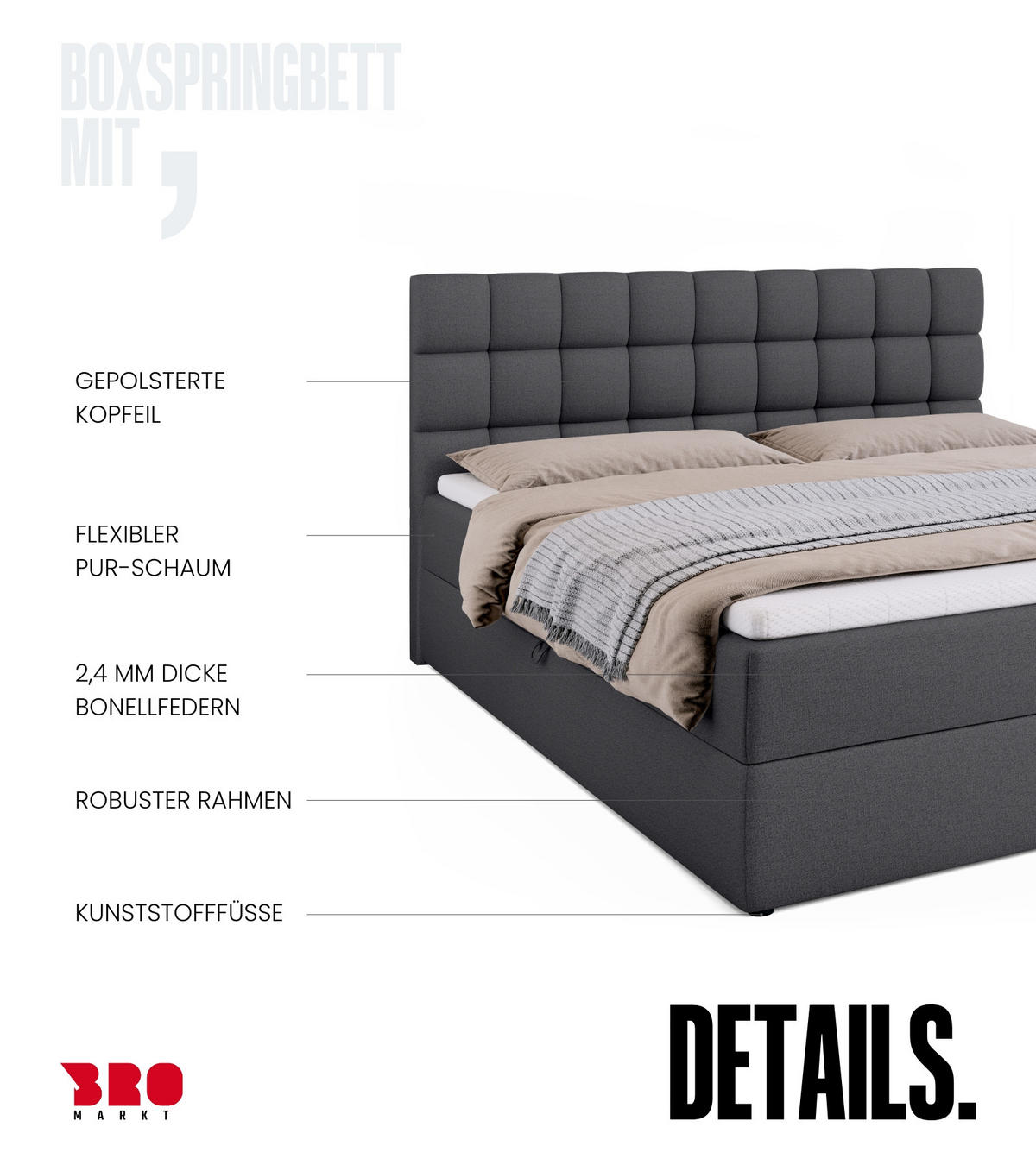 BOXBETT Dakota mit Topper 180/200 Dunkelgrau - Dunkelgrau, Textil (180/200cm) - Bromarkt
