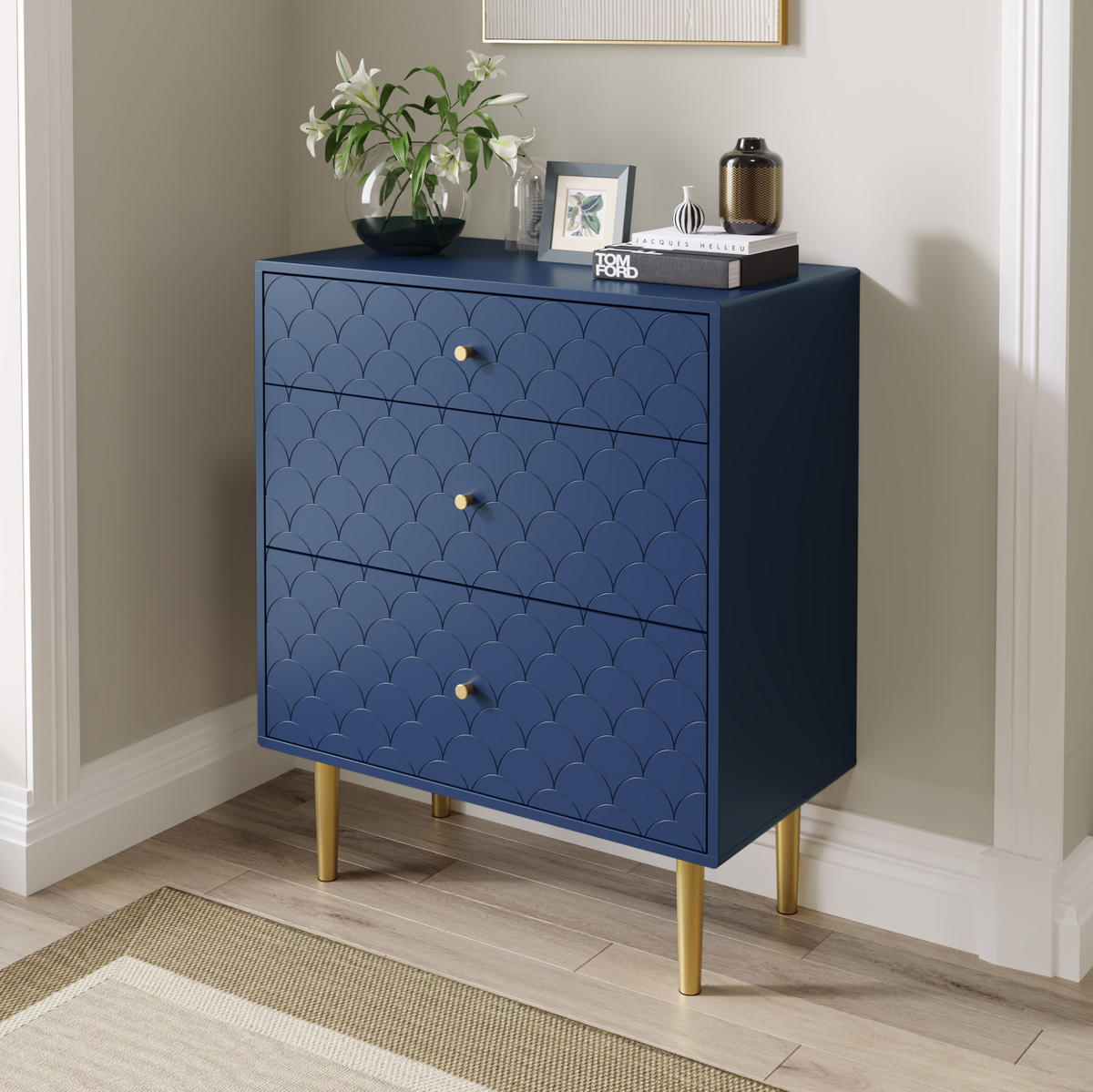 KOMODA s 3 predali v mornarsko modri barvi, 75/89 cm - temno modra, les (40/89/75cm) - OKMYHOME