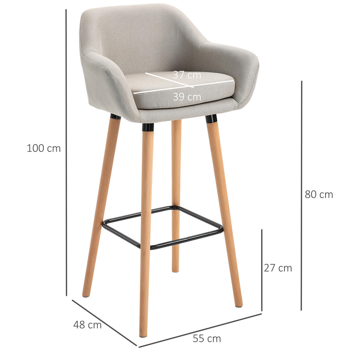 BARHOCKER, Buchenholzbeine, Metall Beige - Beige, Holz (48/100/55cm) - HOMCOM