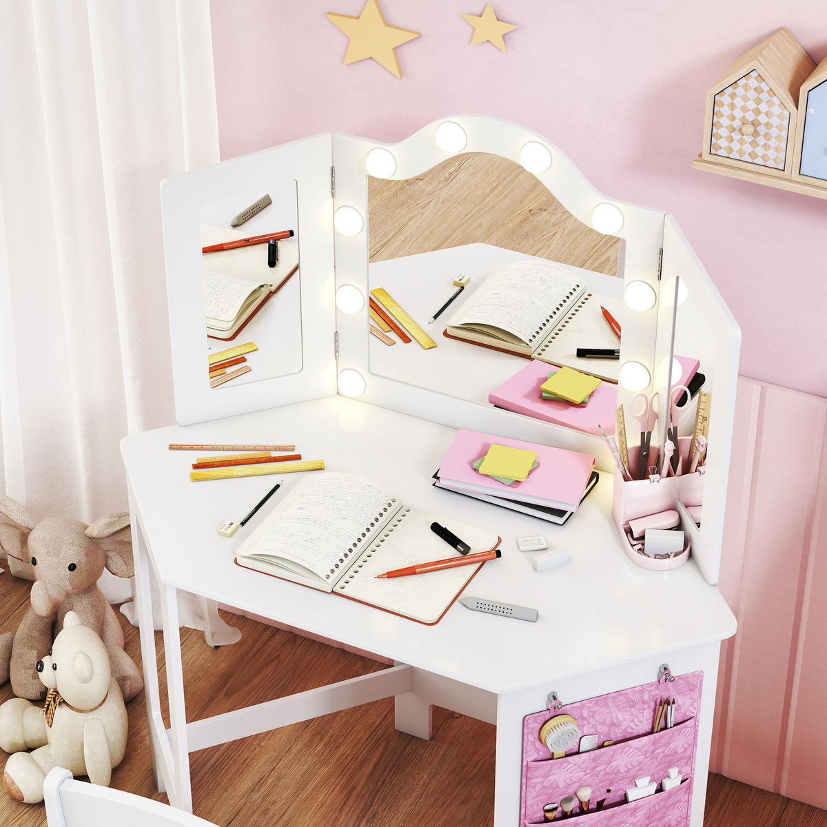 KINDERSCHMINKTISCH DE-18637 2-in-1 mit LED-Triptychonspiegel Weiß - Weiß, Holzwerkstoff (48.5/111.5/93.6cm) - ComfortXL