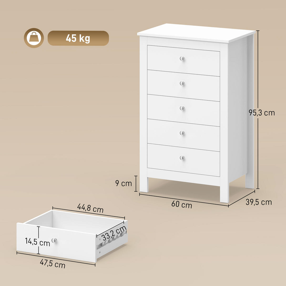KOMMODE MDF Weiß - Weiß/Nickelfarben, Holzwerkstoff/Kunststoff (39.5/95.3/60cm) - HOMCOM